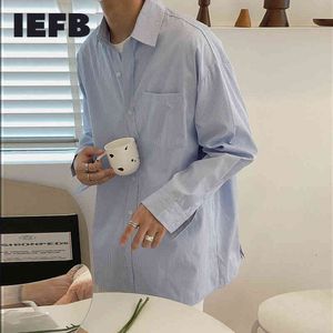 IEFB Mäns Slitage Basic Blue Shirt Male's Classic Handsome Trendy Loose Casual Långärmad Striped Shirt Top Oversize 9Y3536 210524