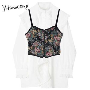 Yitimuceng Patchwork Blouse Women Shirts Spring Clothing Peter Pan Collar Cotton Single Breasted EdiBletree Fungus Tops 210601