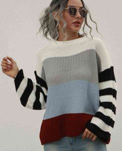 Kvinnor Långärmad Färg Block Sweater Mode Casual Round Neck Pullover Top för damer Kvinna Vinter Varm Lösa Tröjor Y1110