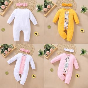 Kids Rompers Girls Floral Ruffle Romper Nyfödd Spädbarn Blommor Print Jumpsuits Med Huvudband Sommar Mode Boutique Baby Kläder 2741 Y2