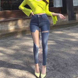 Harem Calças Vintage Cintura Alta Calça Comprimento Comprimento Feminino Mãe Holes Cowboy Denim Sexy Chic Skinny 210601