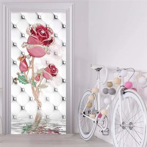 PVC Self-Adhesive Waterproof Door Sticker 3D Pink Rose Flowers Soft Roll Jewelry Mural Wallpaper Living Room Home Poster Sticker 210317