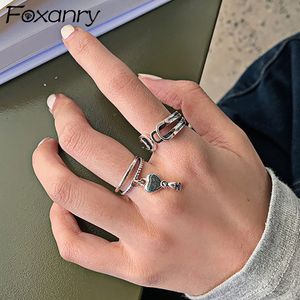 Foxanry 925スターリングシルバーラブハートリング新しいファッションシンプルな中空多層幾何学的タイ銀パーティージュエリーギフトY0426