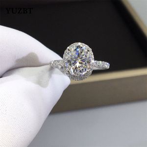 Women 18K White Gold Plated Brilliant Cut 2 Diamond Test Past D Color Moissanite Egg Ring 925 Silver Oval Gemstone Jewelry