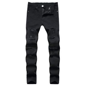 Herrjeans Fina män Mode slitna hål Blå jeans Hip Hop Silm Fit Pencil Byxor Man Streetwear Distressed Stretch Byxor