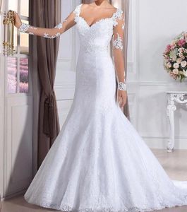 Elegant Wedding Dress With V Neck Appliqued Lace Long Sleeves Bridal Gown Custom Made Satin Plus Size Robes De Marie