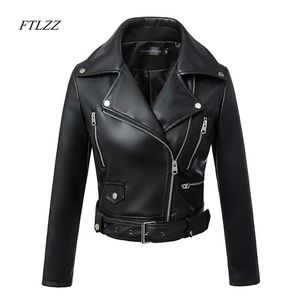 FTLZZ Women Autumn Winter Black Faux Leather Jackets Zipper Basic Coat Turn-down Collar Motor Biker Jacket With Belt 210916