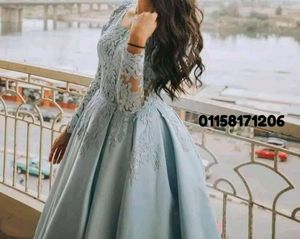 Tornozelo comprimento manga longa vestidos de baile 2022 rendas apliques cetim formal vestidos de noite meninas vestido de baile profundo decote em v especial oc274b