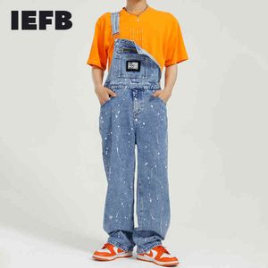 IEFB Herrkläder Blå Denim Overaller Mode Loose Wash Do Old Splash Ink Jeans Jumpsuit för Man Sommar 9Y6781 210524