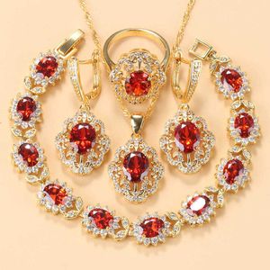 Dubai Gold Colors Akcesoria weselne AAA + Red Garnet Zestawy biżuterii Bridal dla kobiet Bransoletka Charm i Ring Sets H1022