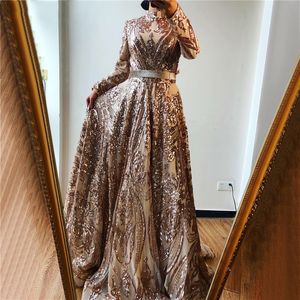 2022 Dubai Long Sleeves Evening Dresses Burgundy High Collar Muslim Women Formal Gowns Party Wear Royal Blue Sequins Glitter Prom Dress Islamic Caftan Arabic Style