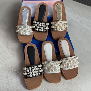 Kadınlar Goldie Slayt Terlik Tasarımcı İnci Sandalları Vintage Kare Toe Deri Düz Slaytlar Marka Zarif Sandal Bej Siyah 5 Renk Kutu 314 ile En Kalite