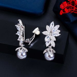 No Hole Design Cubic Zirconia Long Flower Gray Pearl Clip On Women Wedding Party Earrings without Piercing CZ898 210714