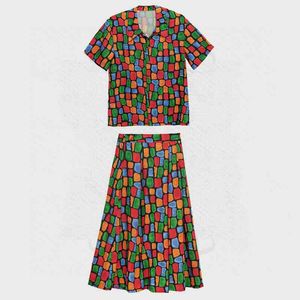 Kvinnor Plaid Print Slå ner Krage Knapp Kortärmad Skjorta Midi Skirt Vintage Two-Piece Set Chiffon Summer T0329 210514