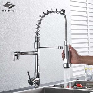 Chrome Spring Kitchen Faucet Pull out Side Sprayer Dual Spout Single Handle Mixer Tap Sink Faucet 360 Rotation Kitchen Faucets 211108