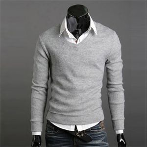 Casual mens Brands Spring autumn V neck sweater Solid color Pullover male British retro style slim thin bottoming shirt