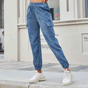 Kadın Elastik Bel Cepler Vintage Pantolon Moda Kadife Gevşek Yüksek Bel Rahat Pantolon Sweatpants Kadın Pantolon Sonbahar 210514