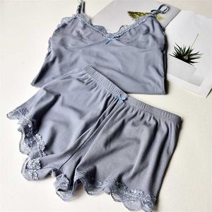Dois peça pijama de algodão conjunto para mulheres sexy lace top e shorts pijama conjuntos spaghetti strap sleepwear alta roupa de mulher elástica 210928
