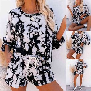 Casual Tie Dye Print Two Piece Outfits Women Autumn O-Neck Long Sleeve Top+Elastic Waist Lace Up Loose Shorts Ladies Sports Sets 210522