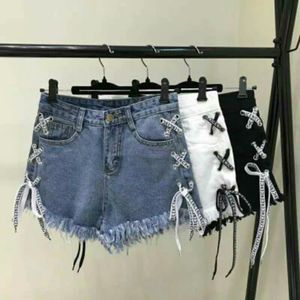 Sexy verão mulheres denim shorts cintura alta rasgado jeans curta femme tassel lace up bandage calça para as mulheres 210428