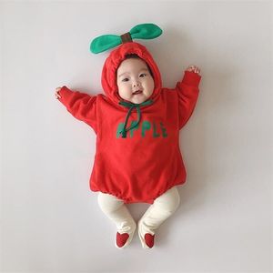 Sprint Höst Långärmad Hooded Outfits Kläder Spädbarn Baby Boy Girl Born Fruit Romper Söt Banan Apple Orange Jumpsuit 211011