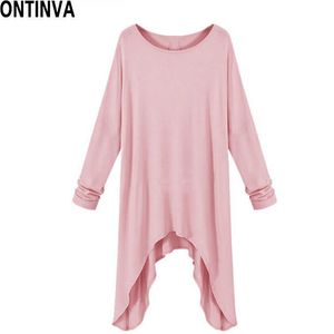 Sommer Unregelmäßige Rosa T-shirts Frauen Lange Beiläufige Lose Hülse Oversize T Schwarz Plus Größe XXL Tunika Tops 210527