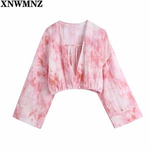 Kvinnor vintage v nacke rosa bundet färgad utskrift kort smock blus kvinnlig kimono skjorta chic slim blusas damer beskära toppar 210520