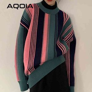 Streetwear Striped Knit Female Pullovers Y2K Long Sleeve Women's Sweater Harajuku Loose Thick Oversize Woman Sweaters Clothing 210521