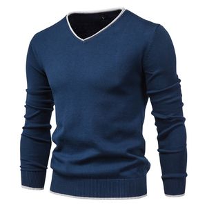 Men Autumn Sweater V-neck Pullovers Fashion 100% Cotton Solid Color Long Sleeve Slim Sweaters Navy Knitwear 211018