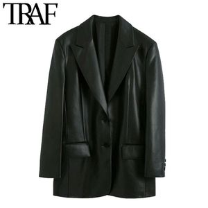 TRAF Kobiety Moda Faux Leather Luźne Blazery Płaszcz Vintage Z Długim Rękawem Kieszenie Powrót Vents Kobiet Odzież Odzieży Chic Topy 211122