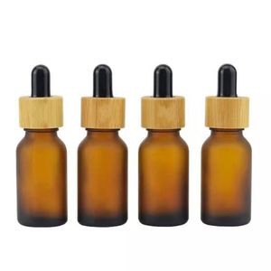 5ml ~ 100ml Tom frostat Amber Glasflaska Dropper med Bamboo Cap 1oz Trä Essential Oil Bottles 50ml