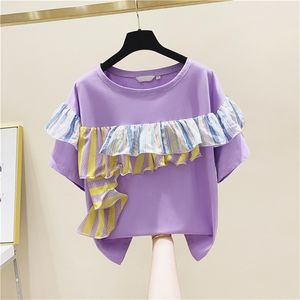 Mangas curtas das mulheres Ruffles T-shirt de algodão T-shirt Verão Feminino O pescoço Pulôver Tops Casuais Tees A2752 210428