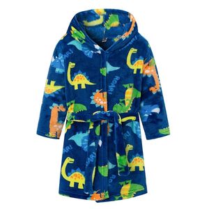 Höst Vinter Kids Boy Sleepwear Robe Hoodie Cartoon Dinosaur Print Flannel Varm Badrock för Pojkar 2-7 år Barn Pyjamas 211130