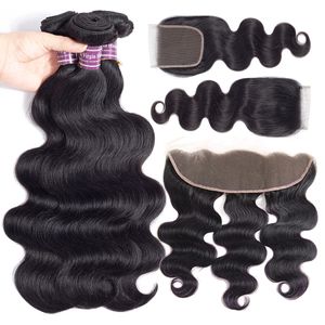 32 36 Mänskliga Virgin Hair Straight Bundles With Lace Closure Frontal Brasilian Weave Weft Body Natural Water Deep Wave Jerry Afro Kinky Curly Wet and Wavy 10a Grade