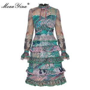 Mode Baumwolle Kleid Herbst Damen Kleid Flare Sleeve Print Lurex Mesh Perle Perlen Cascading Rüschen Elegante Kleider 210524