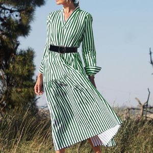 Casual Dresses Fashion Striped Dress Kvinnor Kläder Vår Höst Full Sleeve V-Neck A-Line Kvinna Long Vestidos de Gala