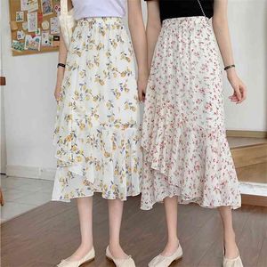 Korean Style Floral Purple Print Ruffle Pleated Long Skirts Summer Women Streetwear Drawstring Elastic Waist Midi Skirt 210529