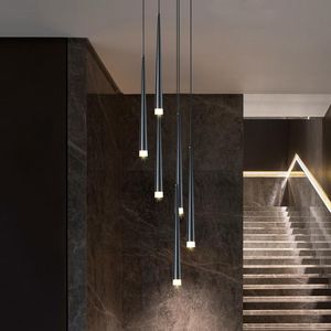 Pendant Lamps Black / White Stair Chandelier Modern Duplex Attic High Rise Empty Living Room Dining Bedroom Long Led Line Lamp