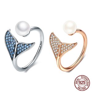 Solid 925 Sterling Silver Mermaid Ringar för Teen Girls Europe American Shell Pearl Zirconia Öppna Justerbar Ladies Finger Ring