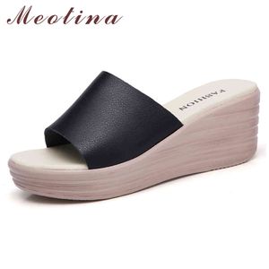 Kvinnor Tofflor Sommarskor Ko Läder Platform Wedges Heel Casual Open Toe Slides Lady Sandals Sliver Storlek 35-40 210517