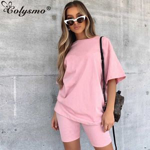 Colysmo Activewear Two Piece Set Summer Active O-neck Short Sleeve Tops Biker Shorts s For Women Tracksuit Casual Clothes 210527