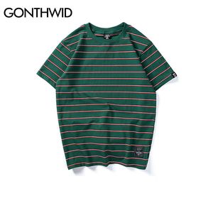 Gonthwid Harajuku Stripe T Shirts Mężczyźni / Kobiety Hip Hop Hop Casual Bawełna Krótki rękaw Topy Tees Summer Fashion Tshirts Black Red Pink Y0322