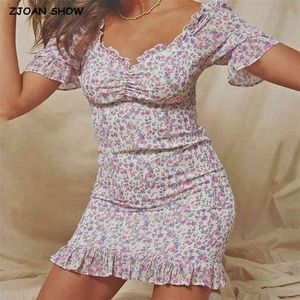 Vintage France Style Wood ears Floral Print Short Dresses Slim Puff Sleeve Chic Chiffon Ruffles Hem Women Mini 210429