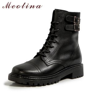 Meotina Fibbia Vera Pelle Piattaforma Tacco Medio Stivali da moto Donna Stivaletti Scarpe Zip Tacchi spessi Stringati Stivali corti Nero 210520