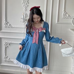 Casual Dresses Preppy Style Denim Dress Woman Japanese Sweet Lace-up Patchwork Long Sleeve Party Autumn 2021 School Cute Clothes