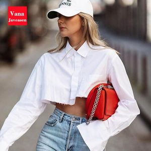 Women's Blouses & Shirts White Croped Tops Women Turn-down Collar Long Sleeve Short Shirt Cotton Pocket Design Single Breasted T Summer