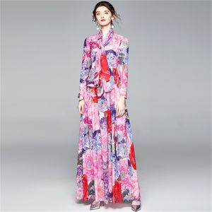 Женская взлетно-посадочная полоса мода зашнуровать цветок печати с длинным рукавом шифон Maxi платье элегантный повседневный тонкий праздник 210519