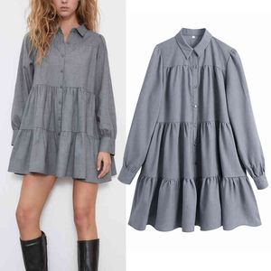Spadek Gray Plus Size Shirt Sukienki Dla Kobiet Plisowane Smock Mini Dress Kobieta Długi Rękaw Przycisk Przypadkowy Collar 210430