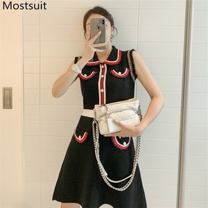 秋のカラーブロックヴィンテージ韓国のニットドレス女性ノースリーブターンダウンカラーAラインファッションミニドレスvestidos 210518