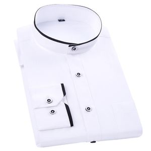 Shirt heren lange mouwen chinese stijl casual mandarijn kraag camisa sociaal patchwork zwart wit reguliere fit merk mannelijke kleding